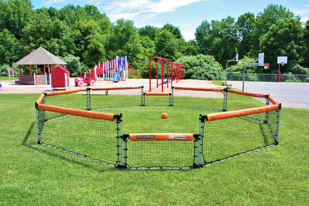A GaGa pit, also know an octoball court, sits outside by school playground.